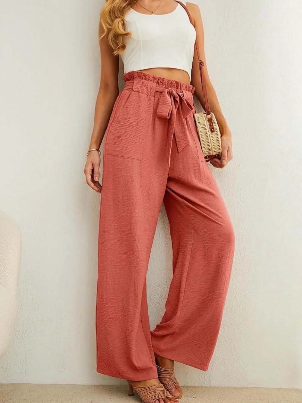 High-Waist Paperbag Wide-Leg Pants - Coral Brick